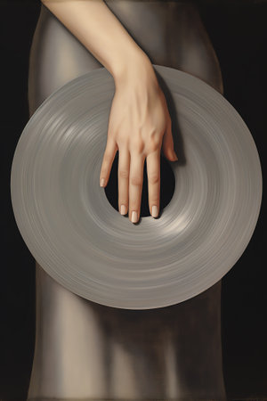 Generative AI : Painted hand touches retro vinyl disc Contemporary art collage Modern design work in neoned trendy colors Tender human hands Stylish and fashionable composition youの素材