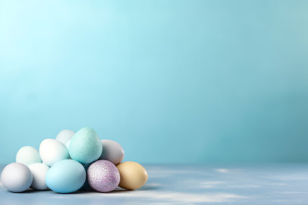 Generative AI : Painted Easter eggs and wooden houses on blue background with copy space Easter holiday greeting conceptの素材