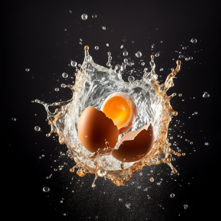Generative AI : Physics Water density science experiment Egg floating in salt waterBlack backgroundの素材