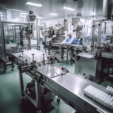 Generative AI : Pharmaceutical production line production of tablets or vitamins manufacturing tablet conveyorの素材