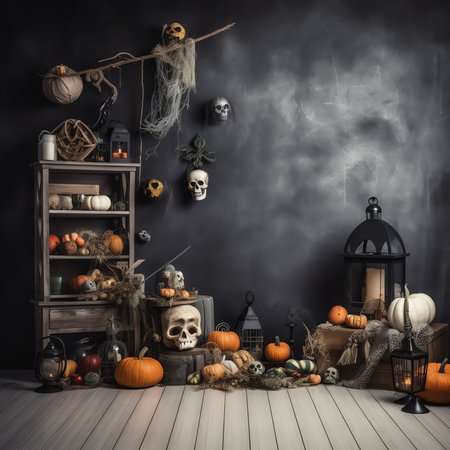 Generative AI : Photo area for Halloween with festive attributes Fireplace pumpkins candles skulls bones candles chair monsters decorations for Halloween indoorsの素材