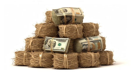 Generative AI : Pile with american one hundred dollar bills isolated on white backgroundの素材