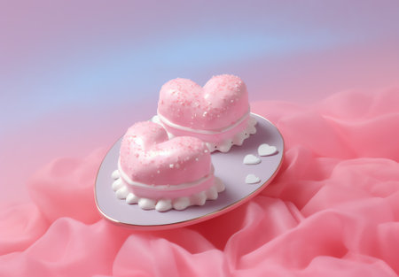Generative AI : Plate with tasty heart shaped cookies on pink background National Cookie Dayの素材