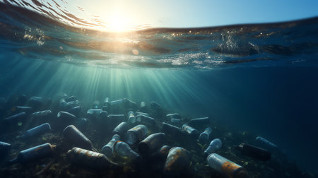 Generative AI : Plastic bottles sinking in to the ocean Enviromental polution concept World ocaens dayの素材