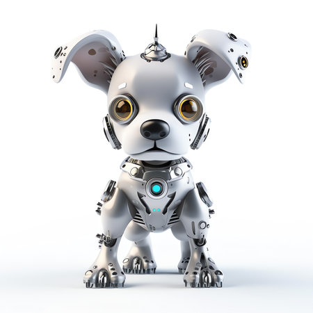 Generative AI : Portrait of futuristic pet robot dog on white backgroundの素材