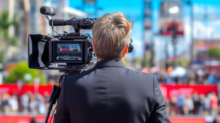 Generative AI : Professional cameraman covering on event with a video cameraman silhouette on live studio news Selective focusの素材