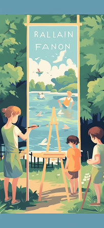 Generative AI : Process of painting group class of adult talented students with paints easels and canvases during lesson of watercolour painting outdoorsの素材