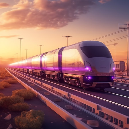 Generative AI : Rail Freight Transport and Technology Logistics Future Concept Double Exposure Polygon Wireframe of Container Cargo Train at Container Yard Modern Futuristic Importの素材
