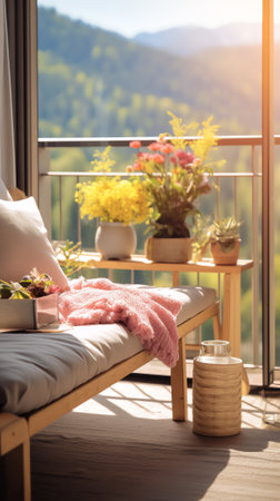 Generative AI : Reading books in summer at a beautiful terrace or cozy balcony full of green plantsの素材