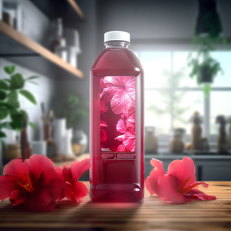 Generative AI : Red refreshing drink with ice or fruit iced tea Lemonade with hibiscus and passion fruit Grey background copy spaceの素材