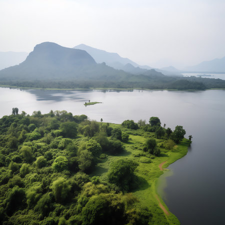 Generative AI : River with lush green river bank and sand mining boats at Polali Mangalore Indiaの素材