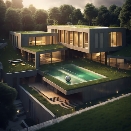 Generative AI : Residential house with open air playground with field hockey goal and ball ans sticks placed on artificial lawnの素材