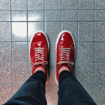 Generative AI : Red sneakers leaning against a brick wall with retro effectの素材