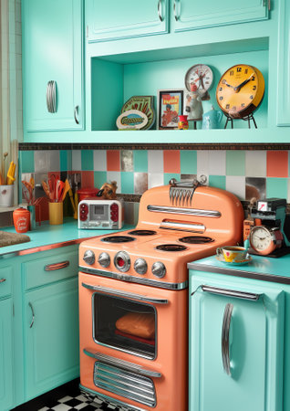 Generative AI : Retro style pink fridge in vintage kitchenの素材
