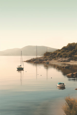 Generative AI : Retrostyle photo of a wooden row boat moored in calm waters of the bay on a summer day Green mountain slopes at the distance Toned imageの素材