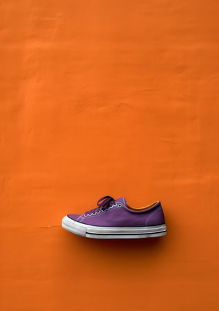 Generative AI : Red sneakers leaning against a brick wall with retro effectの素材