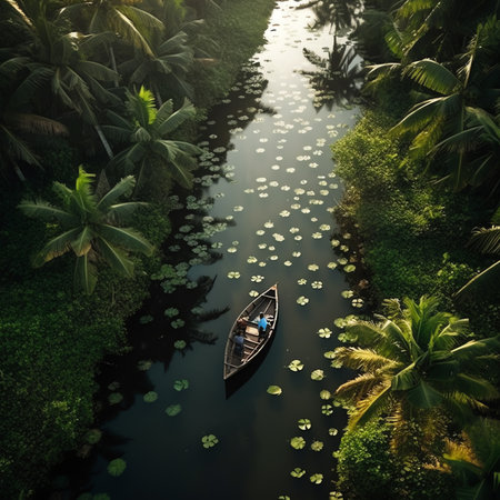 Generative AI : River with lush green river bank and sand mining boats at Polali Mangalore Indiaの素材