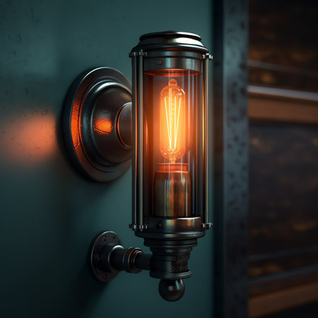 Generative AI : Retro candle sconce with light bulbs placed on wall illuminating old fashioned living roomの素材