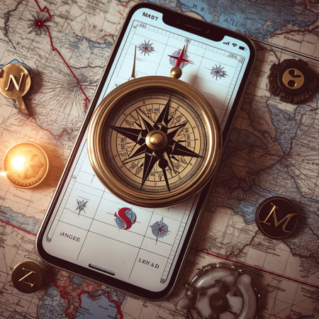 Generative AI : Retro styled golden compass sundial and old white nautical chart closeup Vintage still life Sailing accessories Travel and navigation themeの素材