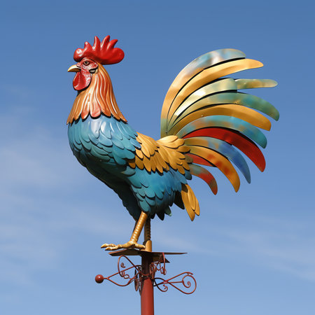 Generative AI : Rooster weather vane at sunrise with bright colors Concept of early morning wake upの素材