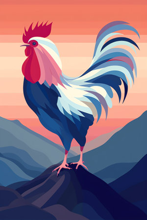 Generative AI : Rooster weather vane at sunrise with bright colors Concept of early morning wake upの素材