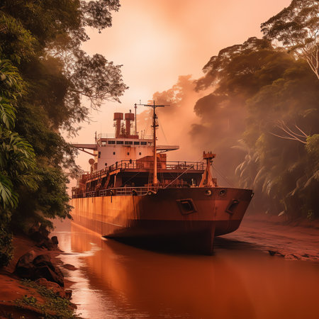 Generative AI : River with lush green river bank and sand mining boats at Polali Mangalore Indiaの素材