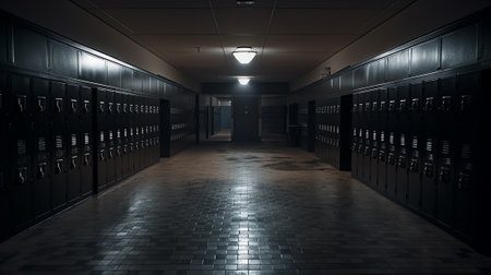 Generative AI : School hallway with deep shadows sinking into the various rows of lockers on either side and a brightly lit doorway at the endの素材