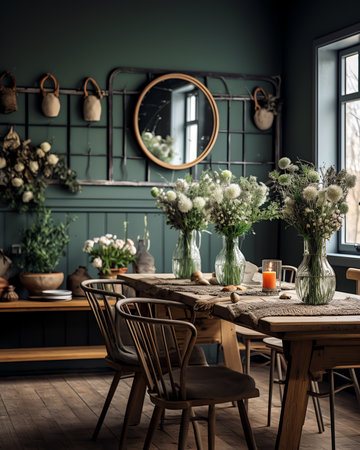 Generative AI : Rustic Whitegreen colors Iron planters with Easter eggs flowers candles and rabbits in the living room interior on the table The concept of home comfort in the brigの素材