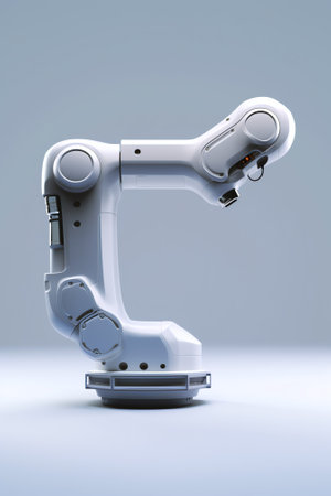 Generative AI : Robot arm with box on a gray background Smart industry 40 conceptの素材