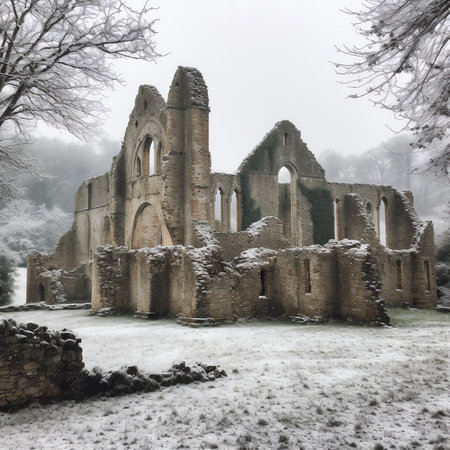 Generative AI : Ruins of an abandoned church under the snowの素材