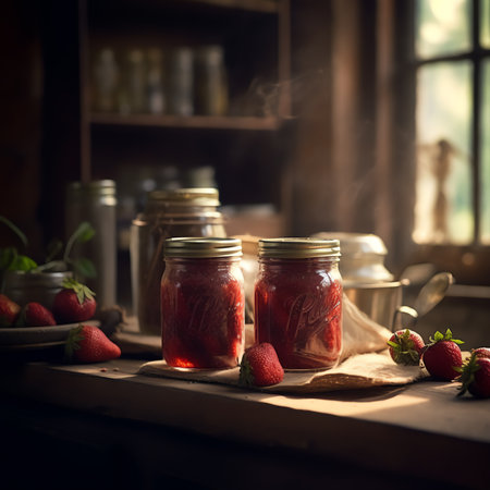 Generative AI : Ripe red tomatoes and jars of sauce placed on table near notebook with recipe in kitchenの素材