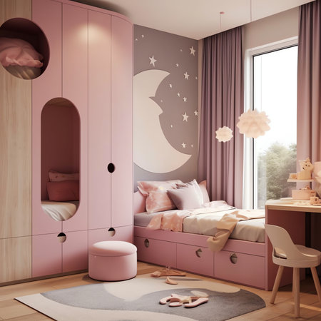 Generative AI : Scandi style girls bedroom with a plant standing on a white cupboard next to a pink chic chair and a white circular carpetの素材