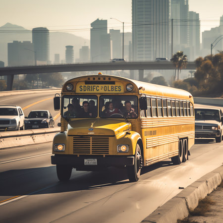 Generative AI : Row of yellow school buses parked inline with blurred background and sky reflecting off of windshieldsの素材
