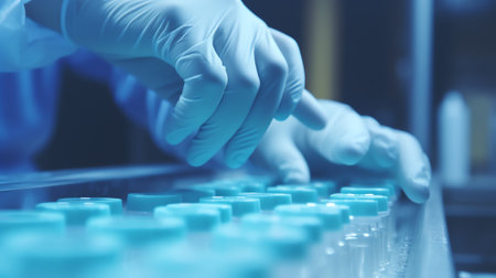 Generative AI : Scientist hand hold test tubes filled with blue sample chemicals in chemistry science laboratory Glassware in medical research Scientific lab for Biotechnologyの素材