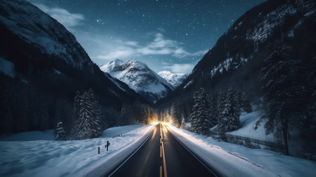 Generative AI : Scenic view of automobile driving on empty mountainous road in winter under night sky glowing stars of milky way in norwayの素材