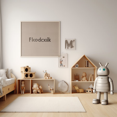 Generative AI : Scandinavian nursery room with wooden cabinet design childrens motor toy and plush toys Cute modern interior of playroom with eucalyptus walls baby accessories andの素材