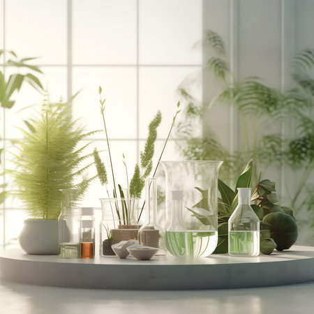 Generative AI : Scientist with natural drug research Natural organic and scientific extraction in glassware Alternative green herb medicine Natural skin care beauty products Laboraの素材
