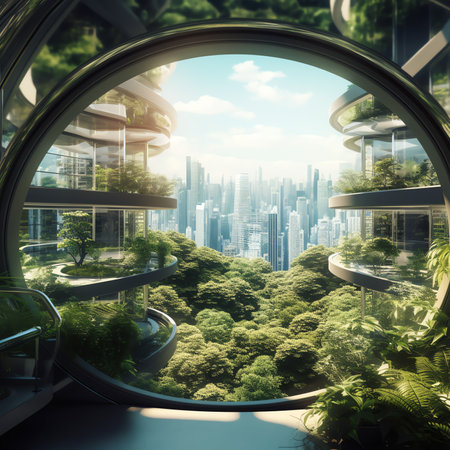 Generative AI : Selective focus on tree and eco friendly building with vertical garden in modern city Green tree forest on sustainable glass building Office building with green envの素材