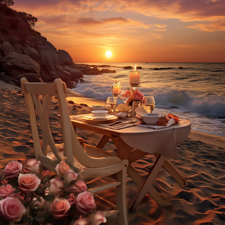 Generative AI : Seascape view under sunset light with dining table with infinity pool around Romantic tranquil getaway for two couple concept Chairs food and romance Luxury destinaの素材