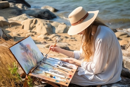 Generative AI : Senior female artist painting picture near river close upの素材