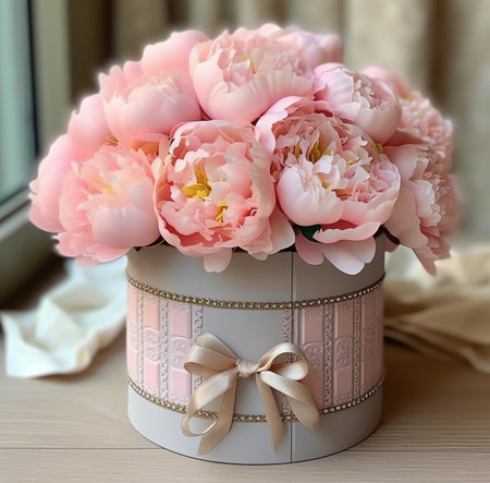 Generative AI : Shabby chic style interior with a bunch of fresh pink peonies in round box and vintage decors on the table with a lace tableclothの素材