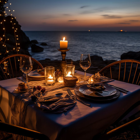 Generative AI : Seascape view under sunset light with dining table with infinity pool around Romantic tranquil getaway for two couple concept Chairs food and romance Luxury destinaの素材