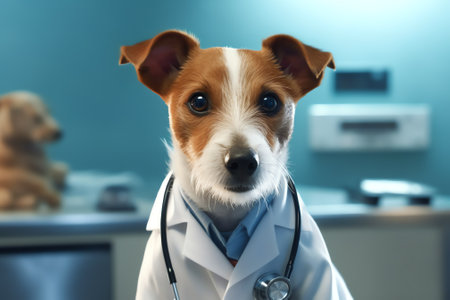 Generative AI : Sick dog Jack Russell Terrier waiting get pill from hand of owner or doctor Pet health care veterinary drugs treatments medical food supplement conceptの素材