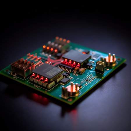 Generative AI : Shot of Generic Printed Circuit board with Microchips and other Components During Production Process Electronics Manufacturing Dark Environmentの素材