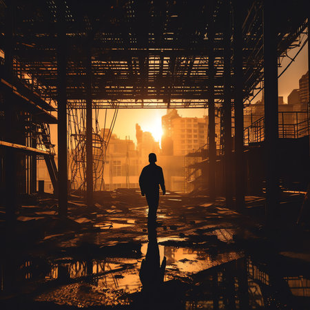 Generative AI : Silhouette engineer in safety protective equipment standing orders for construction crews to work at building construction site Its a key successfully for businessの素材