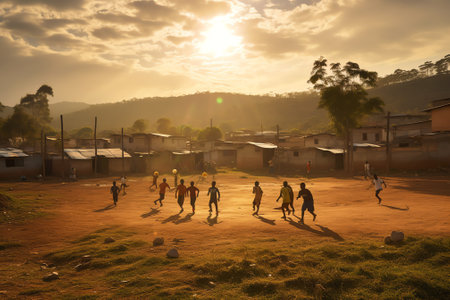 Generative AI : Silhouette action sport outdoors of a group of kids having fun playing soccer football for exercise in community rural area under the twilight sunset Poor and poverの素材