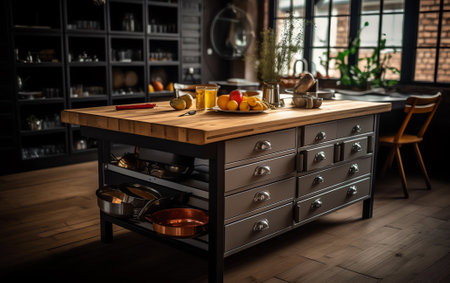 Generative AI : Side view on a wooden table and spacious industrial loft kitchen with vintage decor and black cabinetsの素材