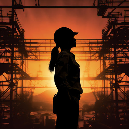 Generative AI : Silhouette engineer standing orders for construction and discuss the contract with the sub contractors Heavy industry and safety at work over blurred background sunの素材