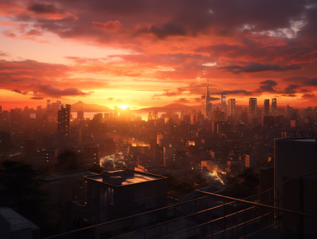 Generative AI : Skyscrapers towering over the cityscape of NishiShinjuku Tokyo Japan at sunsetの素材