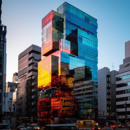 Generative AI : Skyscrapers towering over the cityscape of NishiShinjuku Tokyo Japan at sunsetの素材